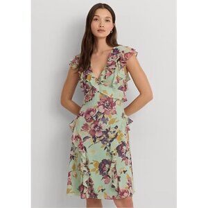 Lauren Ralph Lauren Size 8 Floral Ruffle Georgette Dress Light Green NWT $185